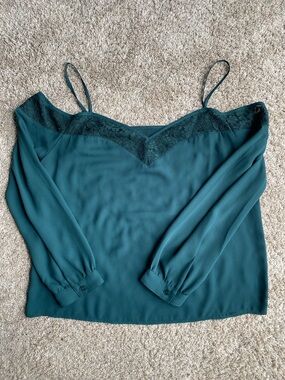 Express Dark Green Lace-Trim V-Neck Top